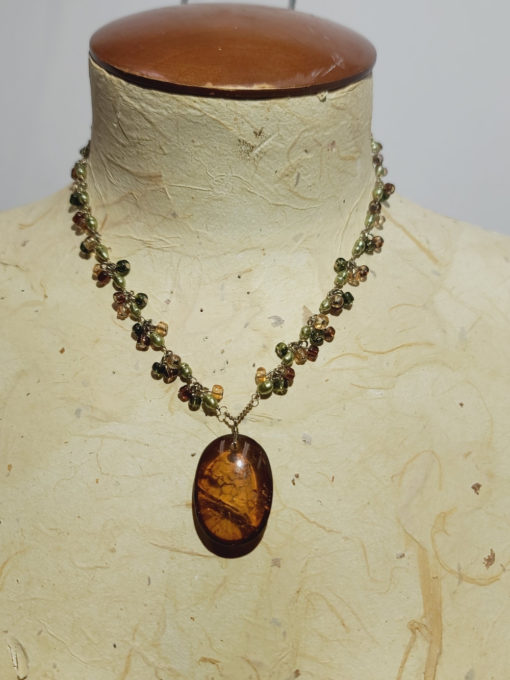 Monet Jewlery Green and Amber Beaded Pendant Necklace